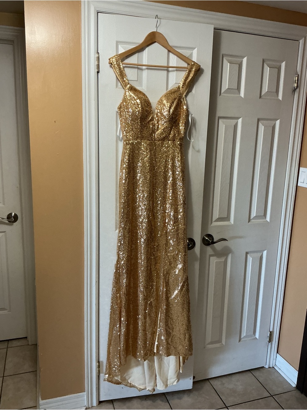 Gold Sequin Prom Gown with Plunging Bodice